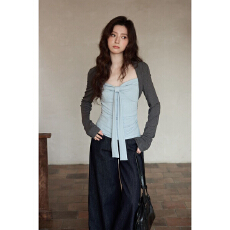 批发韩系穿搭撞色抹胸上衣女秋季新款设计感单穿蝴蝶结假两件长袖t恤