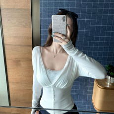 批发【心动记事】早秋季纯欲长袖两件套女短修身气质蕾丝吊带上衣套装