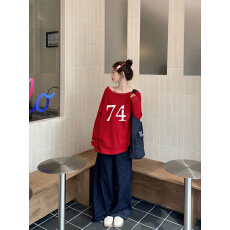 批发美式复古露肩印花红色长袖<b class='q'>T</b><b class='q'>恤</b>新款秋季两面设计宽松上衣心机套头