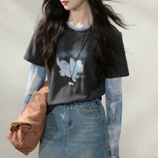 批发2026秋新款灰色圆领<b class='q'>长袖</b>印花t恤女假两件设计感巨好看防晒上衣