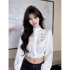 批发'莉诺尔信使'宫延风蕾丝花边<b class='q'>衬衫</b>女秋季小众收腰显瘦气质短款上衣