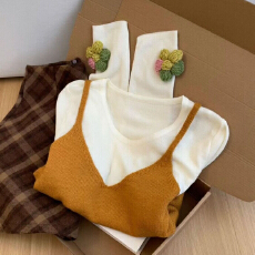 批发是心动呀~韩系风立体<b class='q'>花朵</b>长袖t恤叠穿针织马甲两件套女设计感<b class='q'>上衣</b>