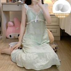 夏新款韩系少女简约风纯色云朵棉提花V领带一体式胸垫居家长裙