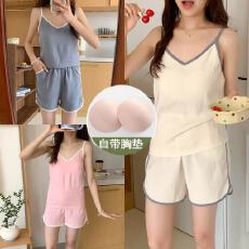 批发<b class='q'>睡衣</b>甜美吊带纯色简约云朵棉带胸垫短裤有口袋纯欲风少女家居套装