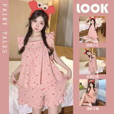 批发夏季睡衣女日系少女飞机袖背心短裤梭织棉皱布家居<b class='q'>服</b>套装