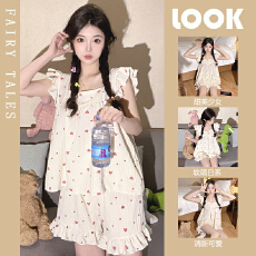 批发夏季睡衣女日系少女飞机袖背心短裤梭织棉皱布家居<b class='q'>服</b>套装