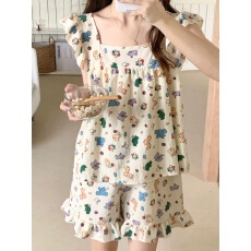 批发夏季睡衣女日系少女飞机袖背心短裤梭织棉皱布家居<b class='q'>服</b>套装