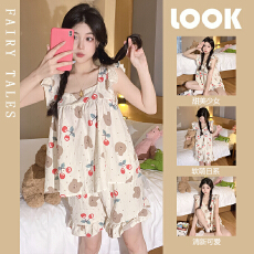 批发夏季睡衣女日系少女飞机袖背心短裤梭织棉皱布家居<b class='q'>服</b>套装