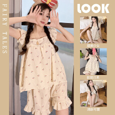 批发夏季睡衣女日系少女飞机袖背心短裤梭织棉皱布家居<b class='q'>服</b>套装