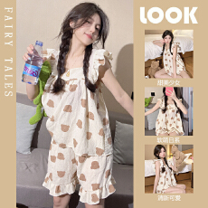 批发夏季睡衣女日系少女飞机袖背心短裤梭织棉皱布家居<b class='q'>服</b>套装