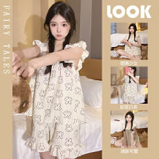 批发夏季睡衣女日系少女飞机袖背心短裤梭织棉皱布家居<b class='q'>服</b>套装