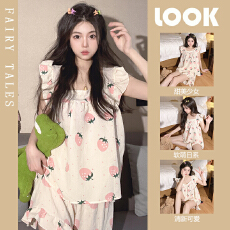 批发夏季睡衣女日系少女飞机袖背心短裤梭织棉皱布家居<b class='q'>服</b>套装