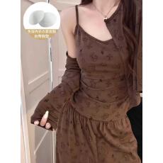 批发美拉德纯欲<b class='q'>卡通</b>猫猫头冰丝螺纹带一体式胸垫吊带开衫长裤三件套