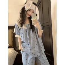 批发清新牛仔蓝波点蝴蝶结圆领花边<b class='q'>蕾丝</b>装饰短袖长裤睡衣家居服套装