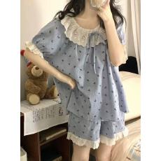 批发清新牛仔蓝波点蝴蝶结圆领花边<b class='q'>蕾丝</b>装饰短袖<b class='q'>短裤</b>睡衣家居服套装