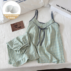 批发清新可爱薄荷绿格子蝴蝶结点缀夏新款云朵棉带胸垫可调节吊带套装
