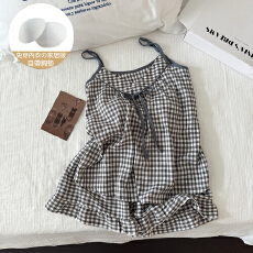 批发清新可爱复古黑格子蓝蝴蝶结点缀夏新款云朵棉带胸垫可调节吊带套