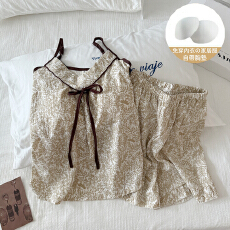 批发复古新中式禅意棕色碎花夏季新款云朵棉带胸垫可调节吊带套装