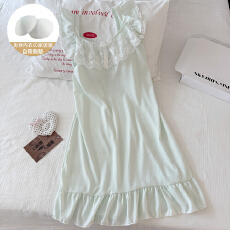 批发小清新纯色淡人色系云朵棉蕾丝花边蝴蝶结小飞袖带胸垫家居中长裙