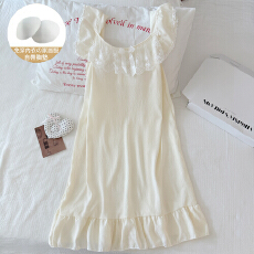 批发小清新纯色淡人色系云朵棉蕾丝花边蝴蝶结小飞袖带胸垫家居中长裙