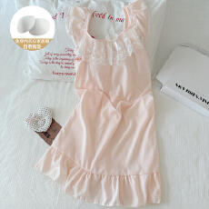 批发小清新纯色淡人色系云朵棉蕾丝花边蝴蝶结小飞袖带胸垫家居中长裙