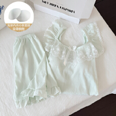 小清新纯色淡人色系云朵棉蕾丝花边蝴蝶结小飞袖带胸垫家居服套装