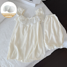 小清新纯色淡人色系云朵棉蕾丝花边蝴蝶结小飞袖带胸垫家居服套装