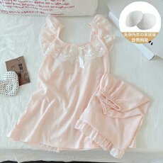 批发小清新纯色淡人色系云朵棉蕾丝花边蝴蝶结小飞袖带胸垫家居<b class='q'>服</b>套装