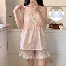 批发夏季清凉可爱少<b class='q'>女</b>卡通印花云朵棉带可拆卸胸垫蕾丝边吊带<b class='q'>短裤</b>套装
