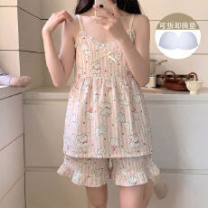 批发夏季清凉可爱少<b class='q'>女</b>卡通印花云朵棉带可拆卸胸垫蕾丝边吊带<b class='q'>短裤</b>套装