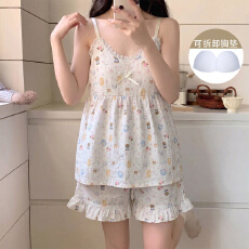 批发夏季清凉可爱少<b class='q'>女</b>卡通印花云朵棉带可拆卸胸垫蕾丝边吊带<b class='q'>短裤</b>套装