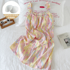 批发缤纷夏日童趣带一体式胸垫小飞袖大U领清凉少女韩系中长裙家居服