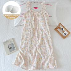 批发缤纷夏日童趣带一体式胸垫小飞袖大U领清凉少女韩系中长裙家居服