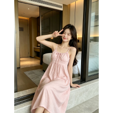 批发夏款女高质量梭织彩棉性感淑女纯色简约带一体式胸垫吊带过膝长裙