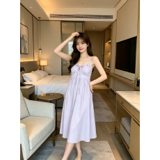 批发夏款女高质量梭织彩棉性感淑女纯色简约带一体式胸垫吊带过膝长裙