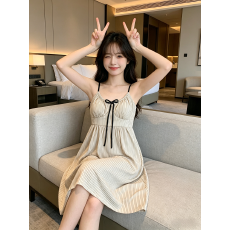 批发夏款女高质量梭织彩棉性感淑女纯色简约带一体式胸垫吊带过膝长裙