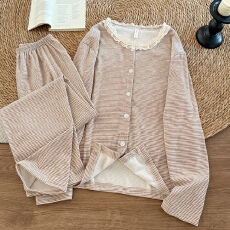 批发秋冬加厚双面色织纳米棉感条纹240克保暖防寒花边圆领开衫家居服