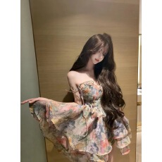 批发玉琬琬蝶春夏古早感<b class='q'>欧根纱</b>蓬蓬度假短款连衣裙～