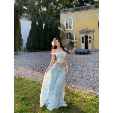 批发GeGe shop 碎花蕾丝花边吊带背心蓝色<b class='q'>花朵</b>长款半身裙度假穿搭