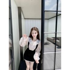 若语定制 古堡少女 珠光纱上衣细闪背带裙两件套长袖衬衫套装秋冬