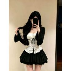 批发辣妹时尚韩系套装春夏季喇叭袖开衫<b class='q'>外套</b>+抹胸内搭上衣+蓬蓬短裙女