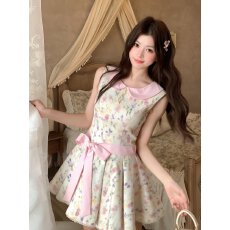 批发越韩小鱼Musefish 西西里花涧 法式少女娃娃领收腰碎花蓬蓬<b class='q'>连衣裙</b>