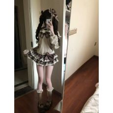 批发小熊慕斯 甜美萌妹可爱风浅咖色蝴蝶结上衣+咖色<b class='q'>蓬蓬</b>蛋糕<b class='q'>裙套装</b>女