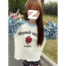 批发【华夫格】+后包 字母印花撞色拼接宽松长袖T恤女