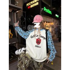 批发【华夫格】+后包 字母印花撞色拼接宽松长袖T恤女