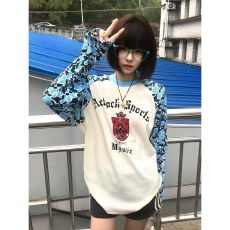 批发华夫格+后包领 字母印花撞色拼接宽松长袖T恤女