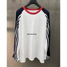 批发原版做工 +后包边 撞色条纹薄款刺绣字母拼色插肩袖<b class='q'>长袖</b>T恤