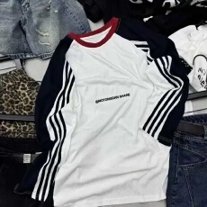 批发原版做工 +后包边 撞色条纹薄款刺绣字母拼色插肩袖<b class='q'>长袖</b>T恤