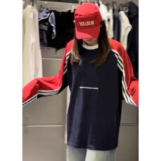 批发原版做工 +后包边 撞色条纹薄款刺绣字母拼色插肩袖<b class='q'>长袖</b>T恤