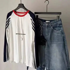 批发原版做工 +后包边 撞色条纹薄款刺绣字母拼色插肩袖<b class='q'>长袖</b>T恤